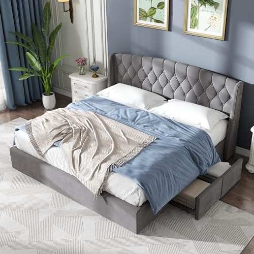 Lcoho Samt Polsterbett,Schubladen aus stabilem Drahtgeflecht,Doppelbett mit Lattenrost und 4 Bettschubkästen,ohne Matratze (180x200cm) von Lcoho