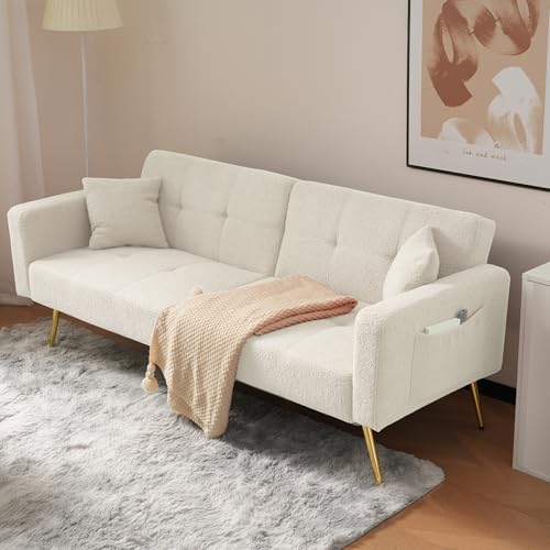 Lcoho Schlafsofa mit Bettfunktion, verstellbarem Winkel, goldenen Beinen, mit Kissen und seitlichen Aufbewahrungstaschen (Weiß) von Lcoho