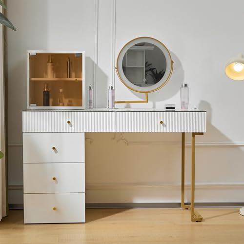 Lcoho Schminktisch-Set mit LED-beleuchtetem Spiegel, transparenter Tischplatte aus gehärtetem Glas, Schminktisch-Seite und Schrank, Elegante Möbel, weiß, Maße: 120 x 45 x 115 cm(ohne Hocker) von Lcoho