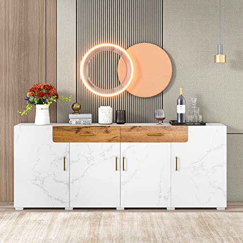 Lcoho Sideboard, Küchenschrank, Aufbewahrungsschrank, 208 x 39.5 x 80 cm, Kommode mit 4 Türen, 2 Schubkästen, Buffets (White + Particle Board) von Lcoho