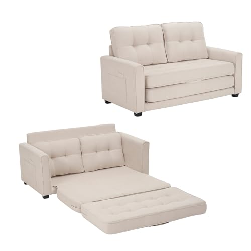 Lcoho Sofa für 2 Personen, mit Schlaffunktion, modernes Design, Polstermöbel, Schlafsofa, Wohnzimmersofa, Sofa mit Taschen an der Seite, Polstersofa (Beige) von Lcoho