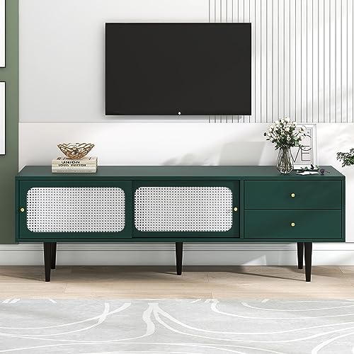 Lcoho Stilvoller TV-Ständer mit Rattan-Schiebetüren und praktischen Schubladen, grün mit weißem Rattan, 2 Schubladen Lcoho Stilvoller TV-Ständer mit Rattan-Schiebetüren und praktischen Schubladen, grün mit weißem Rattan, 2 Schubladen von Lcoho