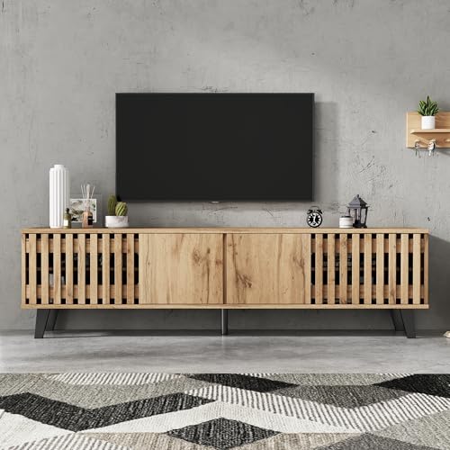 Lcoho TV-Schrank, Lowboards in Originalholzfarbe, 8 Separate Ablagefächer, TV-Ständer, TV-Konsolen-Entertainment-Center passend für 70-Zoll-Fernseher, geeignet für Wohnzimmer (180 x 40 x 55 cm) von Lcoho