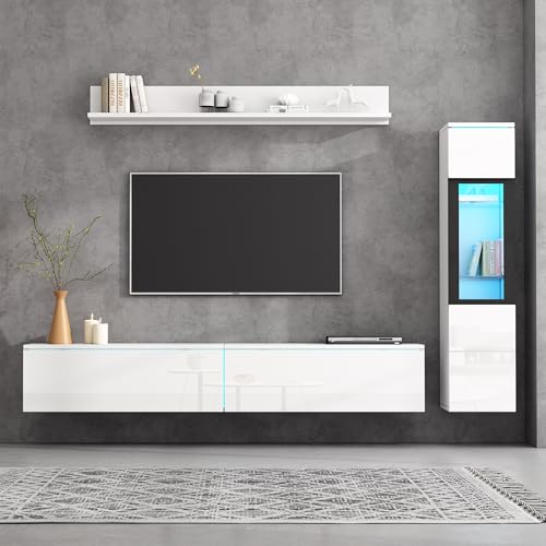Lcoho TV Wohnwand Set 3-teilig LED Beleuchtung Hochglanz Weiß Wohnzimmer Möbel Set Frontale Wohnwand Weiß 1 x TV Schrank, 1 x Wohnzimmer Vitrine, Hängeregal von Lcoho