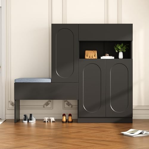 Lcoho Trendiger 2-in-1 Schuhschrank mit gewölbten Türen – Klapptür mit Soft-Close-Funktion, höhenverstellbaren Fächern und gepolsterter Sitzbank, Schwarz, 130×35×110cm Lcoho Trendiger 2-in-1 Schuhschrank mit gewölbten Türen – Klapptür mit Soft-Close-Funktion, höhenverstellbaren Fächern und gepolsterter Sitzbank, Schwarz, 130×35×110cm von Lcoho