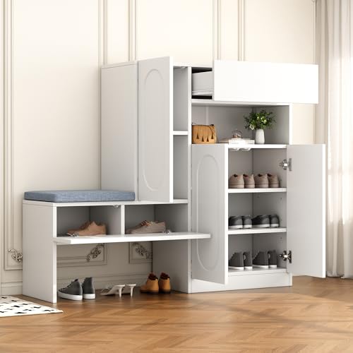 Lcoho Trendiger 2-in-1 Schuhschrank mit gewölbten Türen – Klapptür mit Soft-Close-Funktion, höhenverstellbaren Fächern und gepolsterter Sitzbank,130×35×110cm (Weiß) von Lcoho