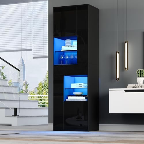 Lcoho Verkaufsvitrine,Hochschrank mit 1 Schublade und 4 Schränken,Glasvitrine Vitrinenschränke mit led Beleuchtung,Vitrinen Mit Hochglanz-Design,Wohnzimmerschränke,Vitrinen (Schwarz, 55x38x170cm) von Lcoho