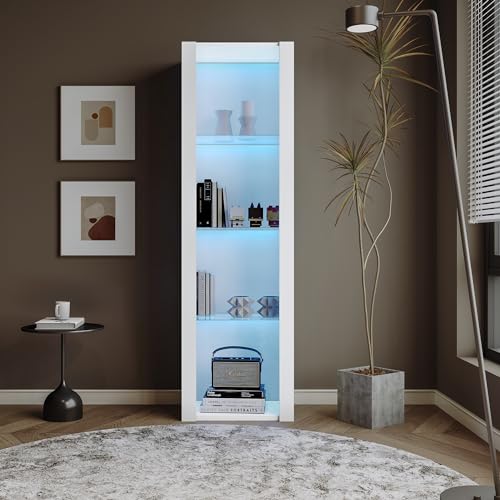 Lcoho Weiße Hochglanz-Vitrinenschrank mit LED-Beleuchtung, 3 Glasfächer, 55X38X166cm, Vitrine, Stehschrank, Hochschrank, Lagerschrank von Lcoho