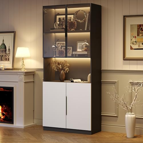 Moderne minimalistische Vitrine mit Glastüren, Vitrine mit LED-Leuchten, Bücherregal für Sammlerstücke, einstellbare Farbtemperatur und Helligkeit, weiße Türen mit schwarzer Dekoration, 80X30X200cm von Lcoho