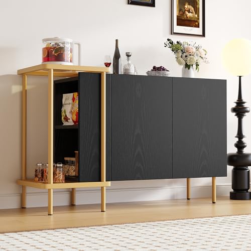Moderner weißer Sideboard-Schrank mit 2 Türen und 2 offenen Fächern, Couchtisch aus Metall/Glas,Schwarz, 120 x 40 x 77.5 cm (LxBxH) von Lcoho