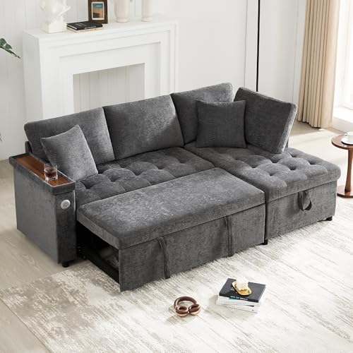 Modernes L-Sofa mit ausziehbarem Schlafsofa mit Schlaffunktion, ausgestattet mit Stauraum, USB-Ladegerät, Armlehnen-Stauraum und 2 Kissen, geeignet für Wohnzimmer usw. (Gray) von Lcoho