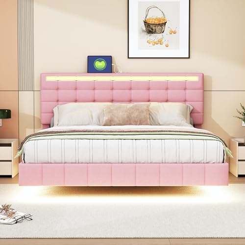 Polsterbett (160 x 200 cm), gepolsterter Schwebebettrahmen mit LED-Leuchten und Kopfteildesign, flächiges Doppelbett-Gästebett in hautfreundlichem Leinen Rosa von Lcoho
