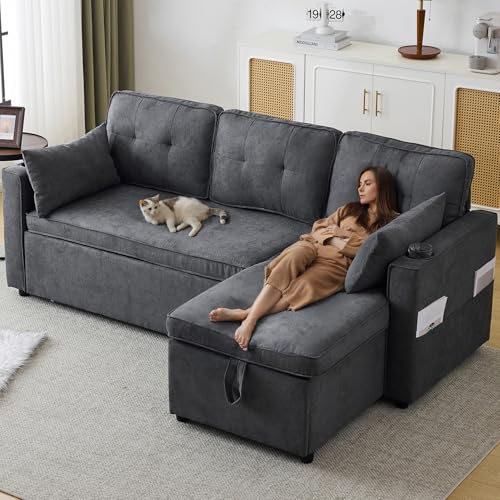 Schlafsofa mit Schlaffunktion, L-förmiges Sofa, modernes Design, Polstermöbel, Loungesessel mit Stauraum, mit Getränkehalter, Wohnzimmer-Schlafsofa, links und rechts austauschbar (Gray, 211x130x86cm) von Lcoho