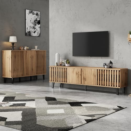 TV-Schrank (180×40×55 cm) und Sideboard (150×40×95 cm) aus Naturholz – 8 Fächer und 6 Ablagefächer, integrierte Türen, Stabiler Stand, geeignet für Wohn- und Schlafzimmer von Lcoho