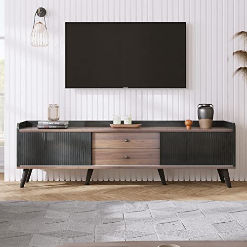 TV-Schrank mit Zwei Schubladen, Fernsehtisch TV Board, TV- Lowboard niedrige Platte mit Zwei Schiebetüren. Exquisite Textur. Schwarz und natürliches Holzfarbe. H58/L160/T40 cm (Schwarz+Holzfarbe) von Lcoho