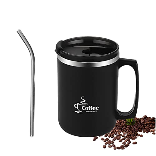 15 OZ Kaffeebecher mit Henkel,Doppelwandiger Vakuum-Reisebecher,Kaffeebecher mit Flip-Deckel und Strohhalm, Wiederverwendbarer Becher aus Edelstahl,für Zuhause,Büro,Reisen, Camping,Outdoor(Schwarz) von Lcxecnw