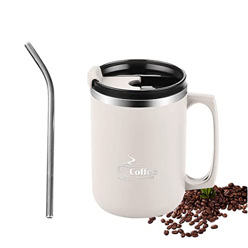 15 OZ Kaffeebecher mit Henkel,Doppelwandiger Vakuum-Reisebecher,Kaffeebecher mit Flip-Deckel und Strohhalm, Wiederverwendbarer Becher aus Edelstahl,für Zuhause,Büro,Reisen, Camping,Outdoor(Weiß) von Lcxecnw