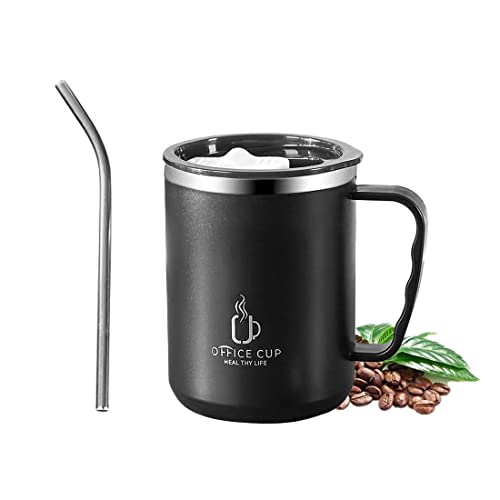 Lcxecnw Kaffeetasse Becher mit Henkel,16 oz Edelstahlbecher,Doppelwandiger Vakuum-Reisebecher,Becher mit Strohhalm und Schiebedeckel Heiß- und Kaltgetränke für das Büro (Schwarz) von Lcxecnw