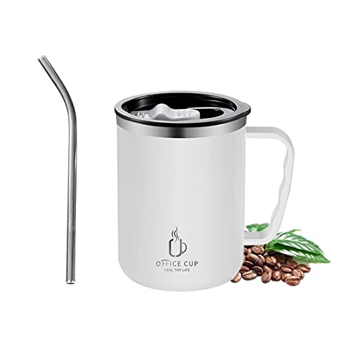 Lcxecnw Kaffeetasse Becher mit Henkel,16 oz Edelstahlbecher,Doppelwandiger Vakuum-Reisebecher,Becher mit Strohhalm und Schiebedeckel Heiß- und Kaltgetränke für das Büro (Weiß) von Lcxecnw