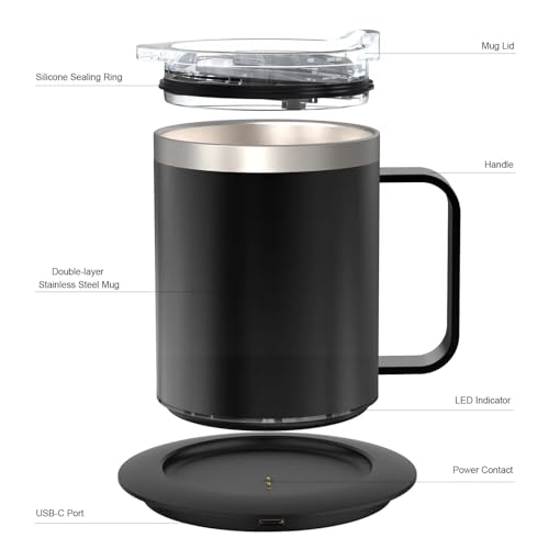 Kaffeetasse wärmer mit Tasse und Deckel Autowärme 131-149 ℉ Intelligente konstante Temperatur 12,3 Unzen Doppelschicht Lebensmittelqualität 304 Edelstahlgetränk Getränke Wärmer von Ldafava