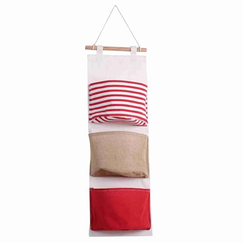 Ldafava 3Layer -Leinenlagertasche Hanging Organizer Wandbeutel mit süßen Wellen Spitzenverzierung für Schlafzimmer Bad Büro Baumwolle Leinen blau rot 20,5 x 13 x 7,5 cm (Rot) von Ldafava