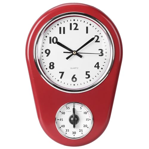 Ldafava Vintage Wanduhr große stille Sweep -Bewegung Hanging Küchentimer mit nassem Beweis Design Countdown Glockenring für Home Office rotes Absglas 21.6x31.6x5.7cm von Ldafava