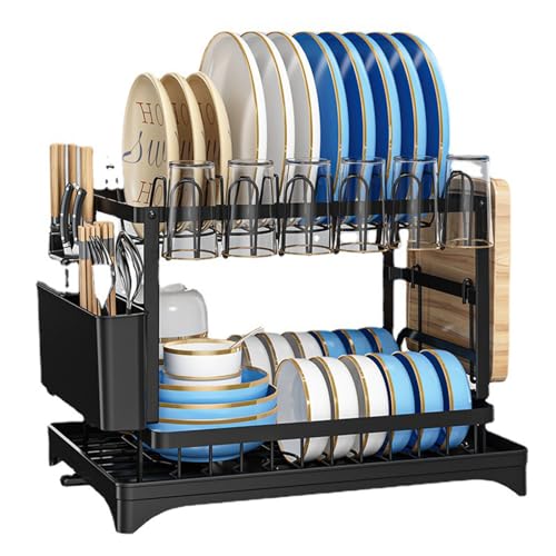 Schüssel Trocknenregal für Arbeitsplatten -Aluminium 2 -Tier -Gerichtsregal mit Abflussbrett und Utensilhalter für die Küchenorganisation Schwarz Schüssel Trocknenregal für Arbeitsplatten -Aluminium 2 -Tier -Gerichtsregal mit Abflussbrett und Utensilhalter für die Küchenorganisation Schwarz von Ldafava