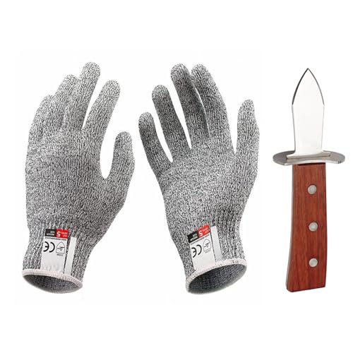 LdawyDE Austernmesser Oyster Shucker 6.7‘’ Austernöffner mit Holzgriff mit 1 Paare Schnittfeste Handschuhe(26cm) der Klasse 5 für BBQ Muschelschalentiere und Meeresfrüchte von LdawyDE