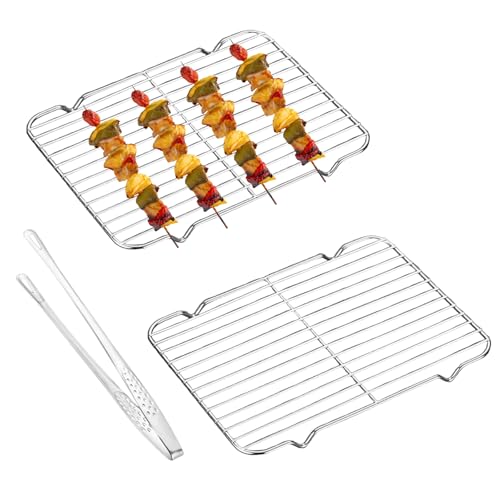 LdawyDE Kuchengitter Abkühlgitter Edelstahl, Abkühlgitter Stapelbar 2er Set, 26 x 19,5 x 1,5 cm Abtropfgitter Backen, Pralinengitter mit Grillklammer, Langlebig, Rostfrei, Geeignet für Backkühlung von LdawyDE