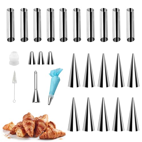 LdawyDE Schaumrollenformen, 27er Schillerlockenform Edelstahl Puffmund Spritztüllen Backform mit Silikon Spritzbeutel Reinigungsbürste – Perfekt für Schaumrollen Hörnchen Kreatives Backen von LdawyDE