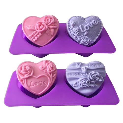 LdawyDE Seifenformen Silikon, 2 Hohlräume Silikonform Herzförmiges 3D Rosen Blumen Love Herz Seifenform Silikonform für Kuchen backen, Schokolade, Seife, Kerzenherstellung, 2 Stück von LdawyDE