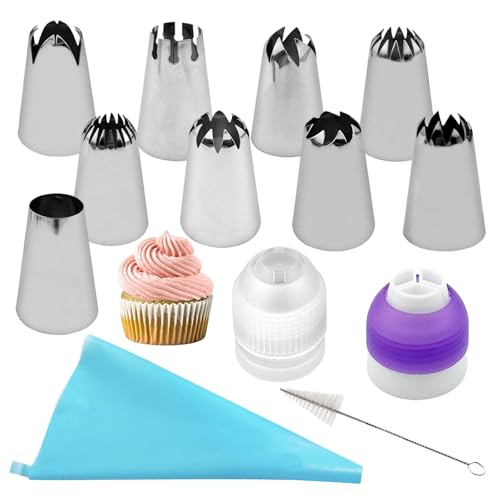 LdawyDE Spritzbeutel mit Tüllen 13 Stück, 9x 304 Edelstahl Spritztüllen groß (XL) Torten Zubehör mit 2x Kupplungen 1x Reinigungsbürste 1x Silikon Spritzbeutel für Cupcakes, Torten Dekorieren, Kuchen von LdawyDE