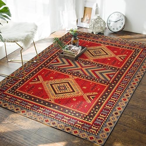 Ldiuttu Groß Teppich 200 x 300 cm moderner rutschfest Teppich für Küchen Wohnzimmer Schlafzimmer Retro-Ethno-Stil rot und gelb von Ldiuttu