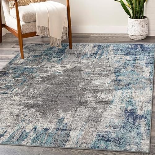 Ldiuttu Große Teppich Wohnzimmer 160 x 280 cm rutschfest Kurzflor Weich Deko Teppiche für Esszimmer Küche Flur Schlafzimmer Moderne Blume abstrakt Tinte grau blau von Ldiuttu