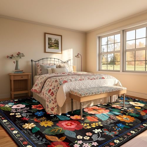 Ldiuttu Große Teppich Wohnzimmer 180 x 200 cm Weich rutschfest Rechteckiger Kurzflor Teppiche für Küche Schlafzimmer modern floral schwarz gelb grün von Ldiuttu