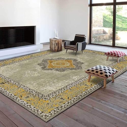 Ldiuttu Großer Teppich Wohnzimmer 160 x 200 cm Rechteckiger Rutschfester Kurzer Flor Weicher Maschinen waschbar Teppich für Esszimmer Schlafzimmer Flur Retro Blumen Gelb Grün von Ldiuttu