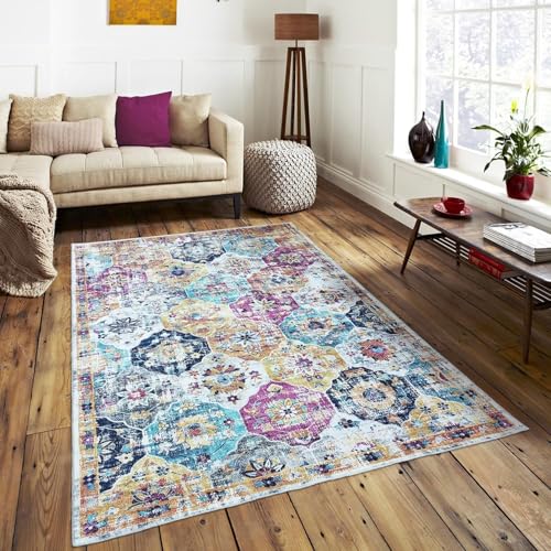Ldiuttu Großer Teppich Wohnzimmer 160 x 200 cm Rechteckiger Rutschfester Kurzer Flor Weicher Maschinen waschbar Teppich für Esszimmer Schlafzimmer Flur Retro geometrische Blumen blau gelb von Ldiuttu