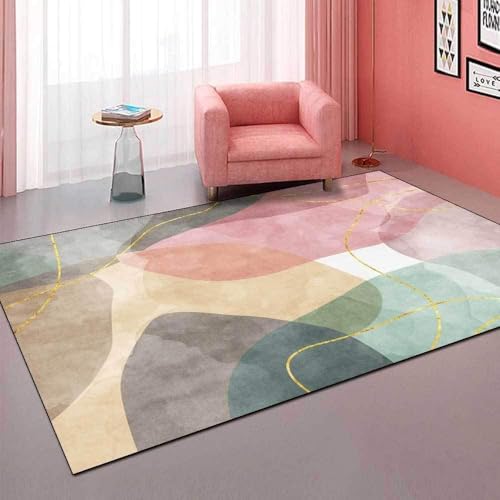 Ldiuttu Kleiner Teppich 90 x 150 cm Waschbarer Anti-Rutsch Kurzflor Carpet für Wohnzimmer KüChen Schlafzimmer Flur Eingang Fußmatte Moderne Linien gelb rosa grün von Ldiuttu