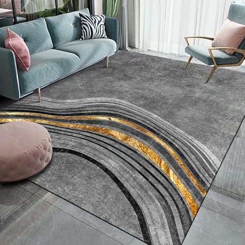 Ldiuttu Kleiner Teppich 90 x 150 cm Waschbarer Anti-Rutsch Kurzflor Carpet für Wohnzimmer KüChen Schlafzimmer Flur Eingang Fußmatte Moderne Linien grau gelb von Ldiuttu