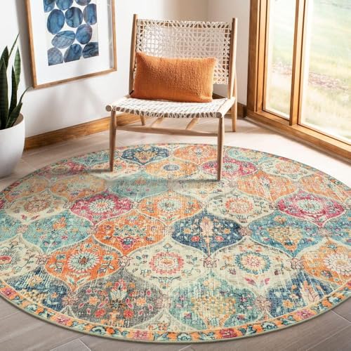 Ldiuttu Teppich Rund Wohnzimmer Großer ø 110 Rutschfester Kurzflor Rechteckiger Weich für Schlafzimmer Esszimmer modern Retro geometrisch orange blau von Ldiuttu
