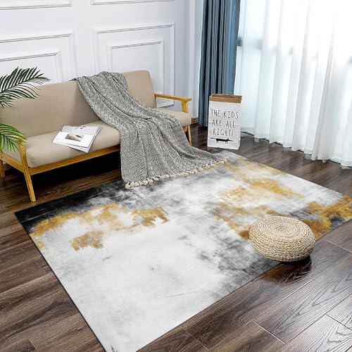 Ldiuttu Teppich Wohnzimmer 130 x 180 cm Waschbarer rutschfest Rechteck Teppich Weich Kurzflor für Schlafzimmer Flur Läufer Moderne abstrakte Tinte in Grau und Gelb von Ldiuttu