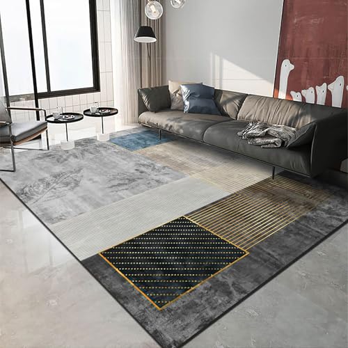 Ldiuttu Teppich Wohnzimmer 130 x 180 cm Waschbarer rutschfest Rechteck Teppich Weich Kurzflor für Schlafzimmer Flur Läufer Moderne geometrische Linien grau blau schwarz von Ldiuttu