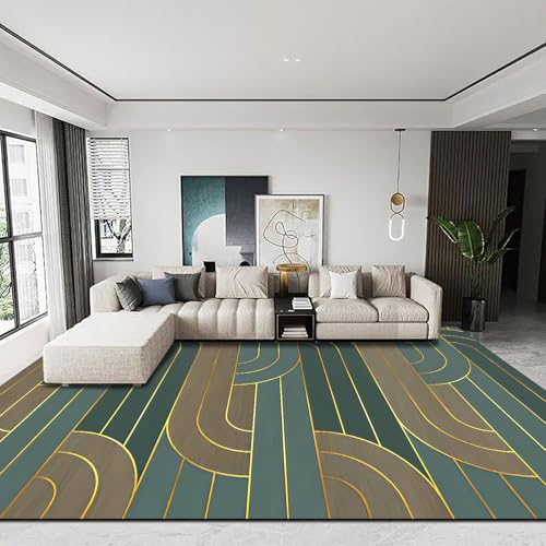 Ldiuttu Teppich Wohnzimmer 130 x 180 cm Waschbarer rutschfest Rechteck Teppich Weich Kurzflor für Schlafzimmer Flur Läufer Moderne geometrische Linien grün gelb von Ldiuttu