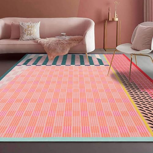 Ldiuttu Teppich Wohnzimmer 130 x 180 cm Waschbarer rutschfest Rechteck Teppich Weich Kurzflor für Schlafzimmer Flur Läufer Moderne geometrische Linien grün rosa gelb von Ldiuttu