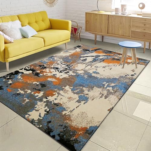 Ldiuttu Teppich Wohnzimmer 130 x 180 cm Waschbarer rutschfest Rechteck Teppich Weich Kurzflor für Schlafzimmer Flur Läufer Modernes abstraktes Aquarell blau orange grau von Ldiuttu
