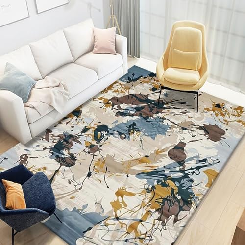 Ldiuttu Teppich Wohnzimmer 130 x 180 cm Waschbarer rutschfest Rechteck Teppich Weich Kurzflor für Schlafzimmer Flur Läufer Modernes abstraktes Aquarell gelb blau von Ldiuttu