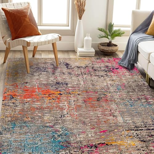 Ldiuttu Teppich Wohnzimmer 130 x 180 cm Waschbarer rutschfest Rechteck Teppich Weich Kurzflor für Schlafzimmer Flur Läufer Modernes abstraktes Aquarell orange grau blau von Ldiuttu