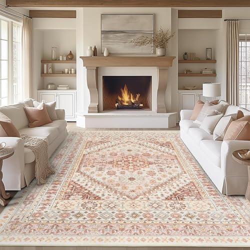 Ldiuttu Teppich Wohnzimmer 130 x 180 cm Waschbarer rutschfest Rechteck Teppich Weich Kurzflor für Schlafzimmer Flur Läufer Modernes geometrisches Blumenmuster in Beige und Rosa von Ldiuttu