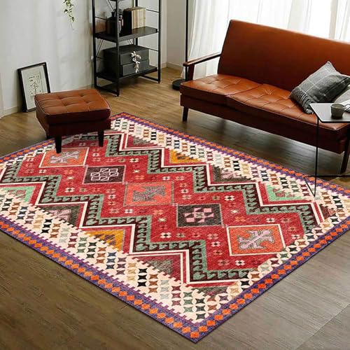 Ldiuttu Teppich Wohnzimmer 130 x 180 cm Waschbarer rutschfest Rechteck Teppich Weich Kurzflor für Schlafzimmer Flur Läufer Modernes geometrisches Rotgrün von Ldiuttu