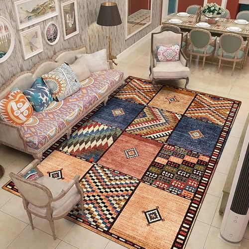 Ldiuttu Teppich Wohnzimmer 130 x 180 cm Waschbarer rutschfest Rechteck Teppich Weich Kurzflor für Schlafzimmer Flur Läufer Retro Ethno-Stil gelb blau von Ldiuttu